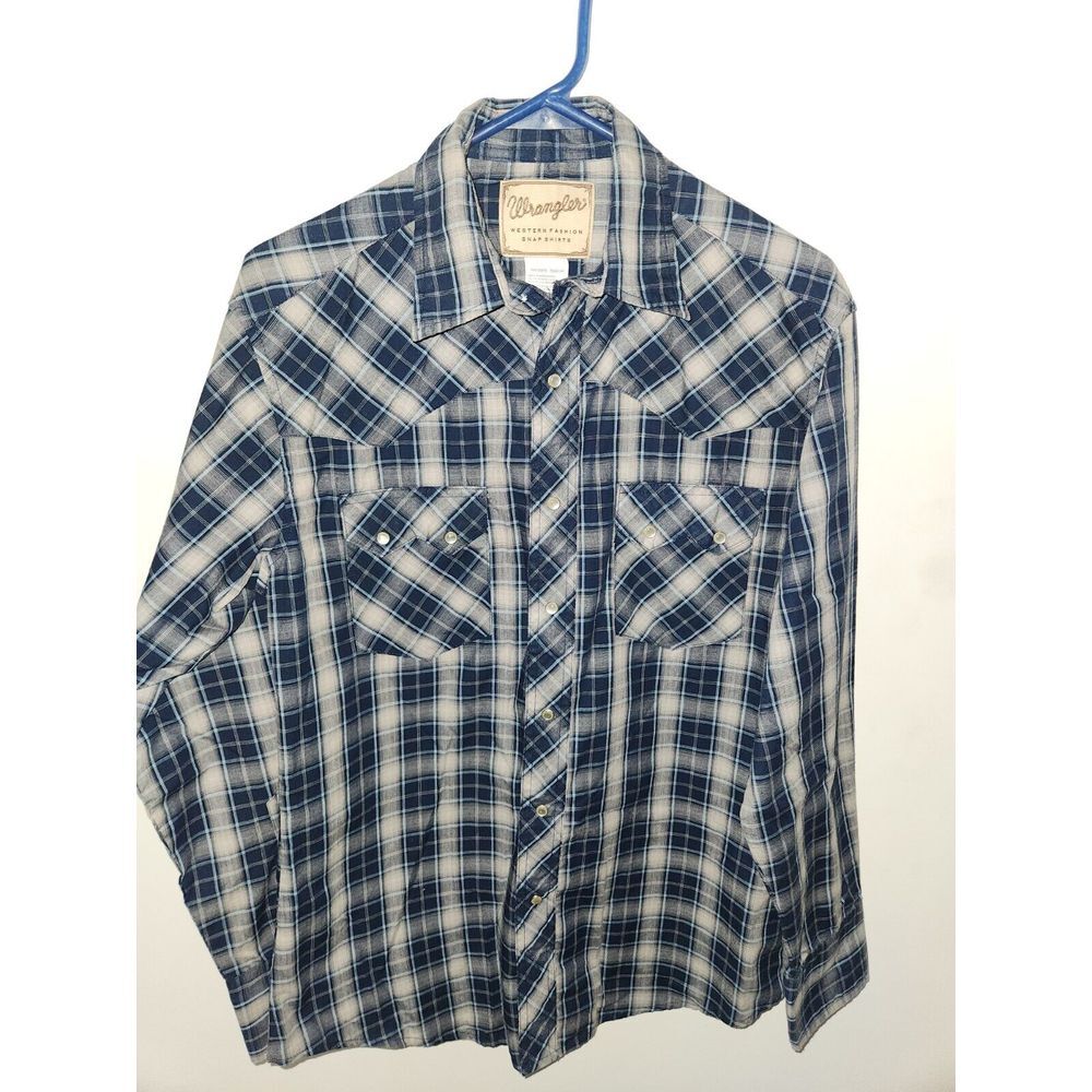 Wrangler Western Fashion Snap Shirt Men's Medium Blue Plaid Pearl Snap L/S